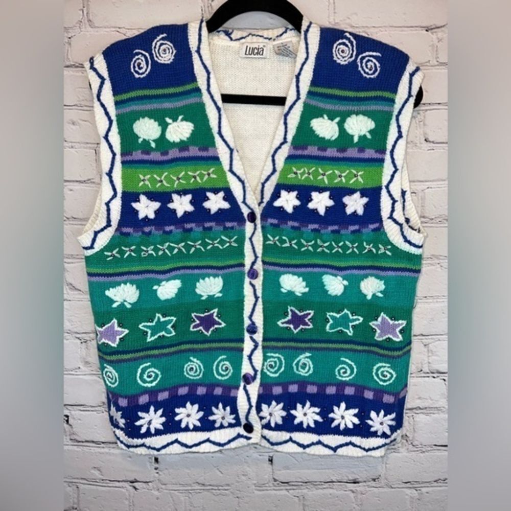 Lucia Vintage Costal‎ Heavy Knit Blue Purple Grandmacore Sweater Vest size large